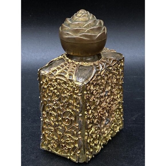 Glass Lalique Perfume Bottle Ornate Brass Metal Gold Toned Cover Holy Water - Picture 2 of 8